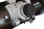 Sky-Watcher Quattro 150P close-up of the dual-speed Linear Power focuser with fine adjustment knobs and mounted corrector adapter