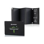Bresser 21 Watt Mobile Zonnelader (1) Bresser 21 zonnelader met opgevouwen tasvorm, zichtbaar Mobile Solar Panel logo