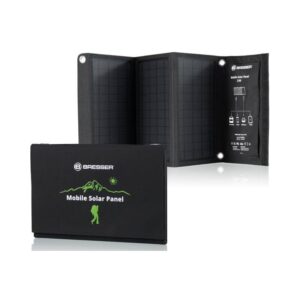 Bresser 21 zonnelader met opgevouwen tasvorm, zichtbaar Mobile Solar Panel logo