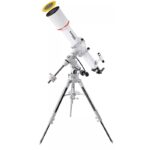 Bresser AC 102 1000 Telescoop Messier Hexafoc EXOS-1 (2) Bresser AC 102/1000 telescoop volledig gemonteerd op EXOS-1 statief met accessoireplateau en buis in horizontale stand