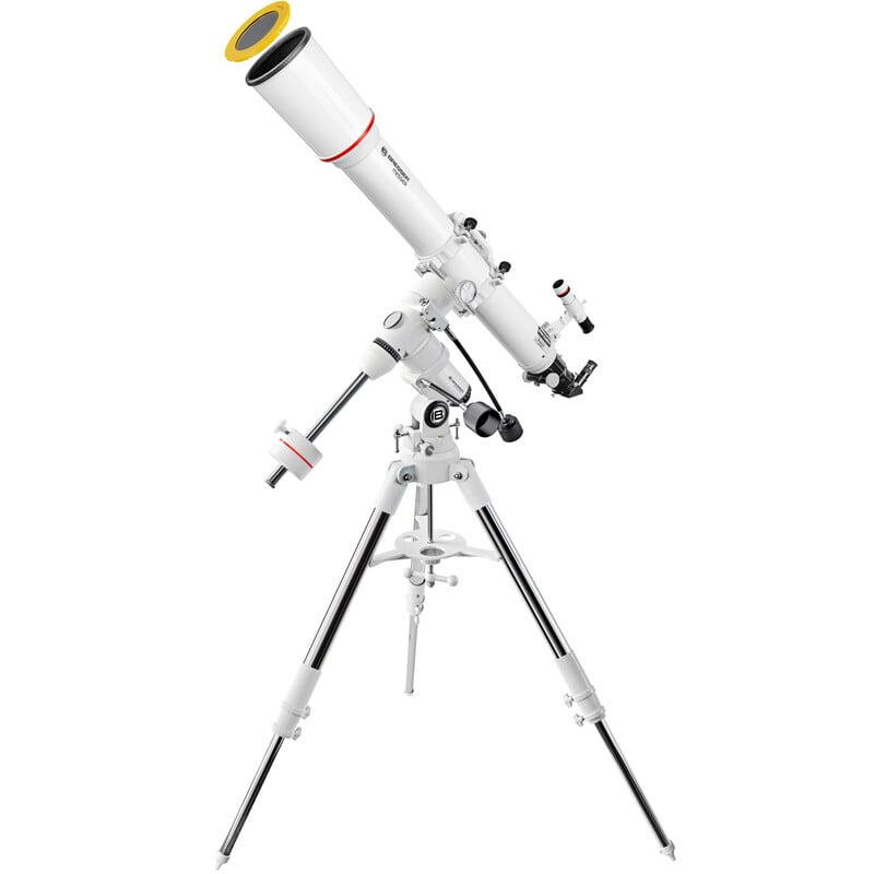 Bresser AC 102/1350 Telescoop Messier Hexafoc EXOS-1 2 Bresser AC 102 1350 Telescoop Messier Hexafoc EXOS 1 2 Bresser AC 102/1350 telescoop volledig gemonteerd op EXOS-1 stalen statief met accessoireplateau