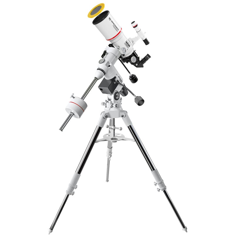 Bresser AC 102/460 AR-102 Telescoop Messier Hexafoc EXOS-2 2 Bresser AC 102 460 AR 102 Telescoop Messier Hexafoc EXOS 2 3 Bresser AC 102/460 AR-102 op EXOS-2 volledig geplaatst op stalen statief met accessoireplateau