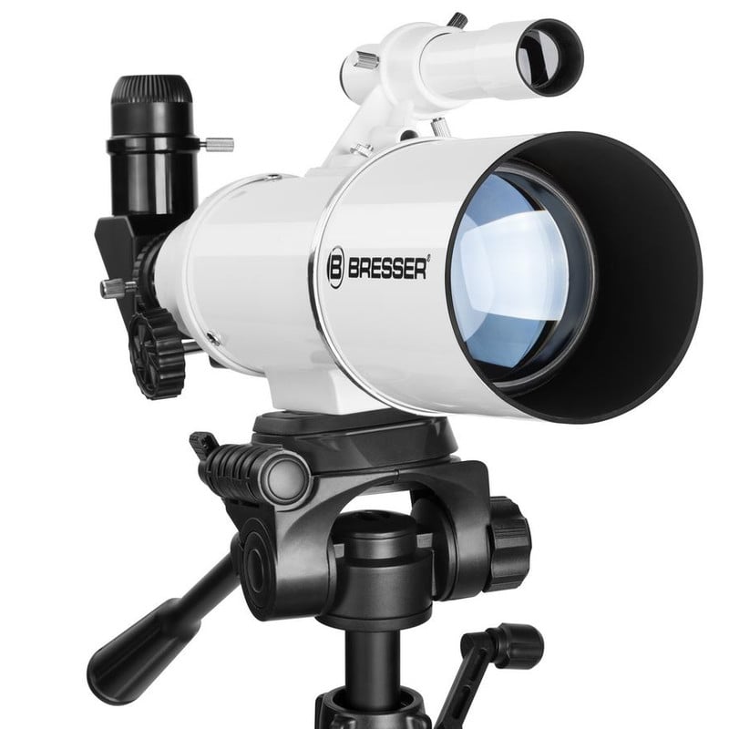 Bresser AC 70/350 AZ Telescoop Classic 2 Bresser AC 70 350 AZ Telescoop Classic 4 Bresser AC 70/350 AZ vooraanzicht van objectieflens met blauwe coating en dewcap