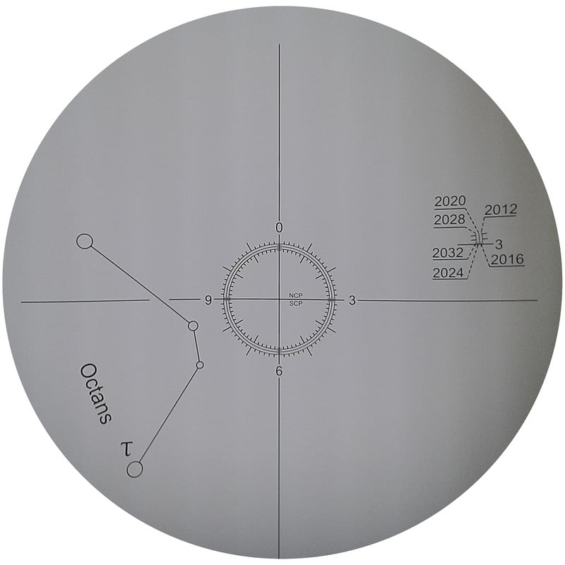 Skywatcher AZ-EQ-5GT voor Poolzoeker 2 Skywatcher AZ EQ 5GT voor Poolzoeker 1 Skywatcher AZ-EQ-5GT poolzoeker beeld met dradenkruis en schaalverdeling voor uitlijning op de hemelpool.