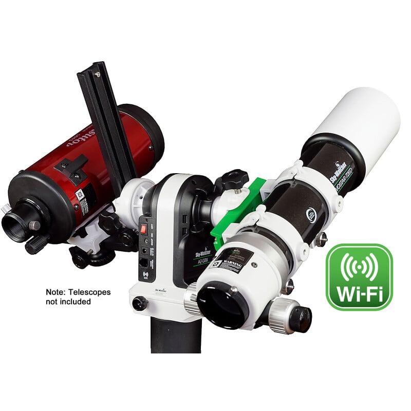 Skywatcher AZ-GTiX Montering WiFi 2 Skywatcher AZ GTiX Montering WiFi 1 1 Skywatcher AZ-GTiX WiFi GoTo-montering met gemonteerde refractor en tweede optiek in dual-saddle configuratie, WiFi-markering.