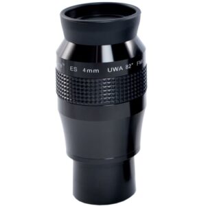 Skywatcher Oculair Nirvana 4mm ES UWA 82° met rubberen oogschelp, gekartelde handgreep en 1,25 inch vatting op witte achtergrond.