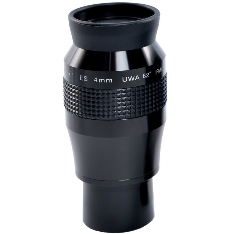 Skywatcher ES UWA 82° 4mm 1,25" Oculair Nirvana 1 Skywatcher ES UWA 82° 4mm 125 Oculair Nirvana Skywatcher Oculair Nirvana 4mm ES UWA 82° met rubberen oogschelp, gekartelde handgreep en 1,25 inch vatting op witte achtergrond.