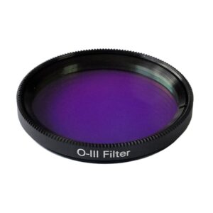 Skywatcher OIII 2 inch O-III lijnfilter in zwarte aluminium vatting met paars glas, zijaanzicht.
