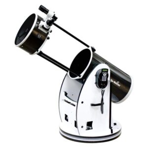 Skywatcher N 355/1600 FlexTube Dobson GoTo telescope extended on rocker box, side view with open truss tube.