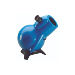 Skywatcher N 76/300 blauwe bolvormige Infinity kindertelescoop op komvormig tafelstatief, zijaanzicht.