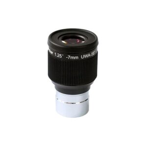 Skywatcher Eyepiece Planetary 7mm 1.25-inch UWA-58° planetary eyepiece with rubber eyecup and ribbed housing on white background.
