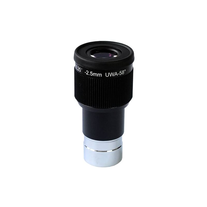 Skywatcher Oculair Planetary UWA 2,5mm 1,25" 1 Skywatcher Oculair Planetary UWA 25mm 125 Skywatcher Oculair Planetary UWA 2,5mm 1,25 inch planetaire oculair met rubberen oogschelp en zwarte behuizing op witte achtergrond.