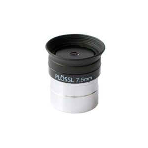 Skywatcher Eyepiece Super Plössl 7.5mm 1.25 inch eyepiece with rubber eyecup and chrome insert sleeve on white background.