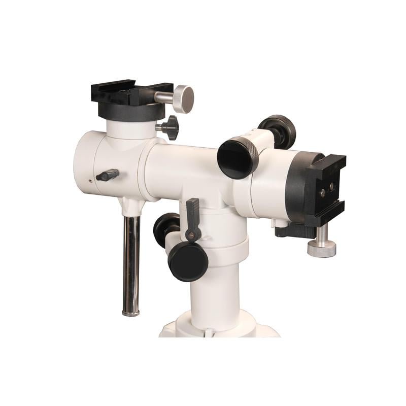 Skywatcher Skytee 2 Montering 1 Skywatcher Skytee 2 Montering Skywatcher Skytee 2 zware azimutale montering met twee Vixen zwaluwstaartklemmen en contragewichtstang op witte achtergrond.