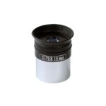 Skywatcher Super MA eyepiece 10mm 1.25 inches with rubber folding eyecup and chrome insert sleeve on white background.