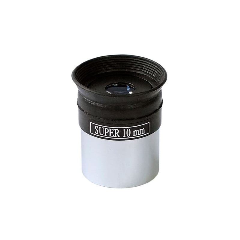 Skywatcher Super MA eyepiece 10mm, 1.25" 1 Skywatcher Super MA eyepiece 10mm 125 Skywatcher Super MA eyepiece 10mm 1.25 inches with rubber folding eyecup and chrome insert sleeve on white background.