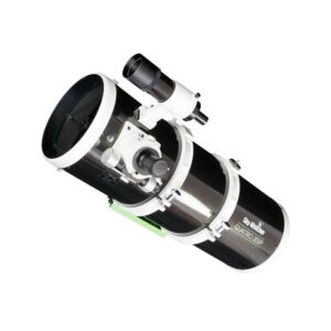 Sky-Watcher Quattro 200P parabolic Newtonian tube (OTA) with tube rings, dovetail plate, focuser and mounted 9x50 finder scope on white background