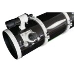 Sky-Watcher Quattro 250P close-up of focuser, 9x50 finder, and tube rings visible on the black tube with white front cell.