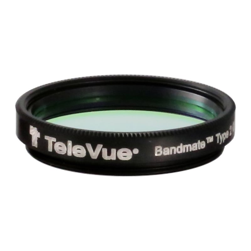TeleVue Filters Filter OIII Bandmate Type 2 1,25" zwart 1,25 inch OIII-filter met groene glaslaag en TeleVue Bandmate Type 2 opdruk op witte achtergrond