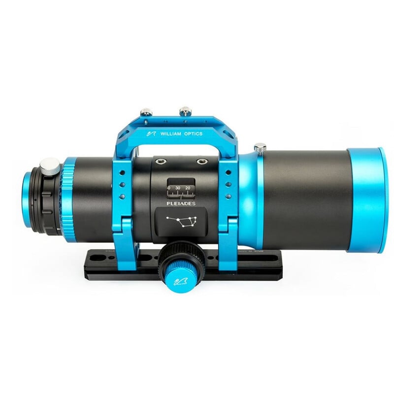 William Optics 111 AP 111/528 Apochromatische refractor Pleiades Astrograph OTA 1 William Optics 111 AP 111 528 Apochromatische refractor Pleiades Astrograph OTA 2 William Optics 111 AP 111/528 zijaanzicht van de astrograph in zwart-blauwe uitvoering