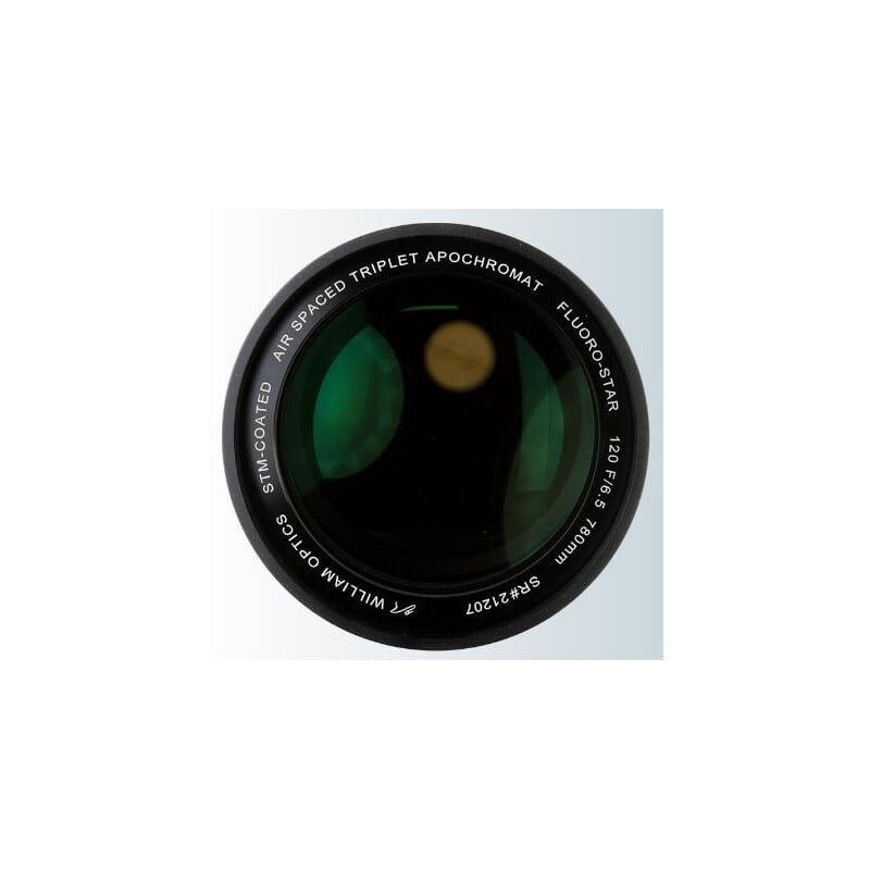 William Optics 120/780 Apochromatische refractor AP Fluorostar Space Gray OTA 2 William Optics 120 780 Apochromatische refractor AP Fluorostar Space Gray OTA 2 William Optics 120/780 triplet objectieflens FPL-53 close-up met multicoating.