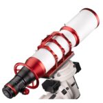 William Optics 181 AP 181 998 Apochromatische refractor Pleiades Astrograph OTA (1) William Optics 181 AP 181/998 close-up van de 3,7" R&P focuser op een montering