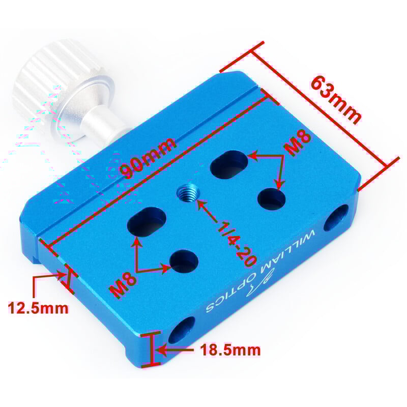 William Optics 90mm Zwaluwstaartklem Vixen-Style 2 William Optics 90mm Zwaluwstaartklem Vixen Style 2 William Optics 90mm blauwe zwaluwstaartklem met afmetingen en M8 en 1/4" schroefposities
