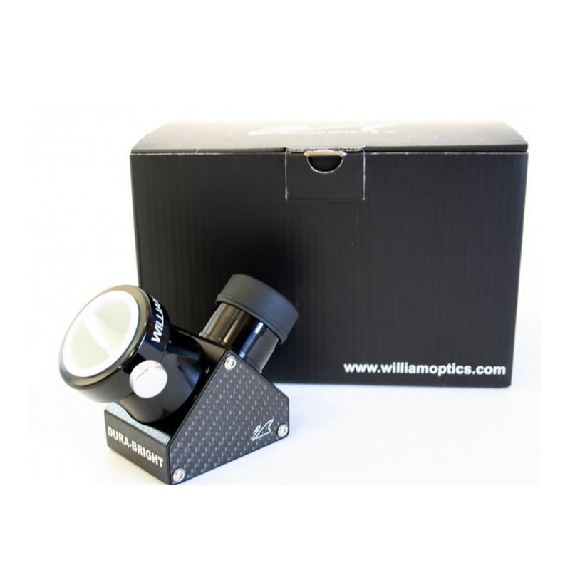 William Optics 90°, 1,25" Dura Bright zenitspiegel 2 William Optics 90° 125 Dura Bright zenitspiegel 4 William Optics 90 diagonaal zijaanzicht met verpakking en branding op doos