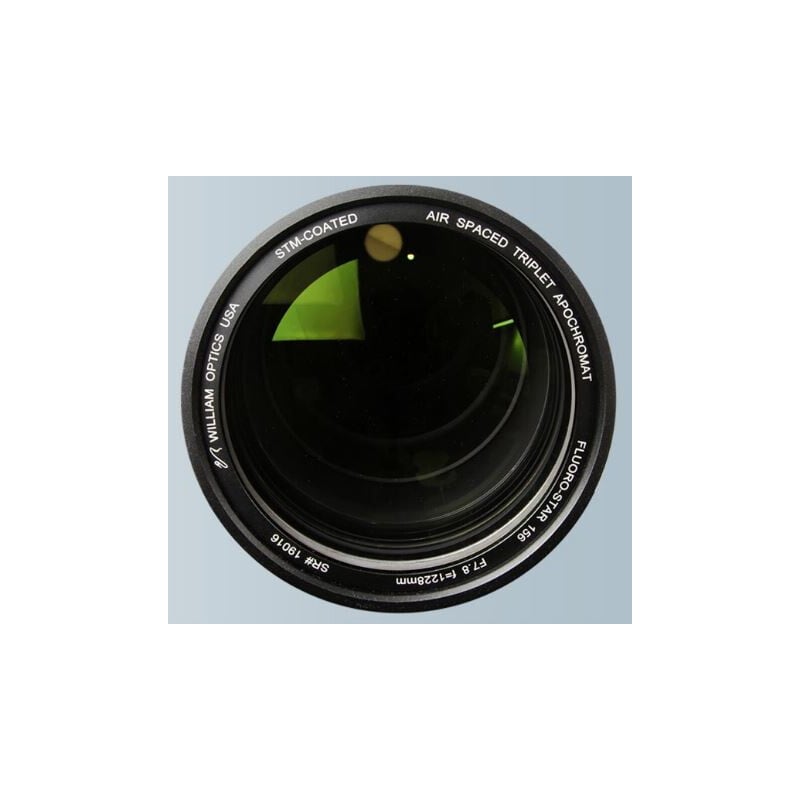 William Optics AP 156/1217 Apochromatische refractor Fluorostar Gray OTA 1 William Optics AP 156 1217 Apochromatische refractor Fluorostar Gray OTA 1 William Optics AP 156/1217 frontaanzicht objectief met groene ED-coating