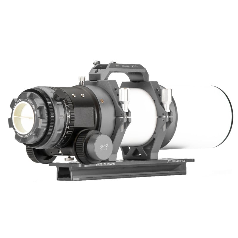 William Optics AP 91/540 Apochromatische refractor Space Gray OTA 2 William Optics AP 91 540 Apochromatische refractor Space Gray OTA 3 William Optics AP 91/540 zijaanzicht OTA met ingeklapte dauwkap en focuser in detail