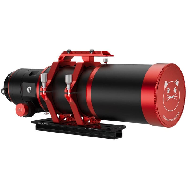 William Optics AP 108/518 Apochromatische Refractor UltraCat WIFD 1 William Optics Apochromatische refractor AP 108 518 UltraCat WIFD 10 William Optics AP 108/518 voorkantaanzicht met Bahtinov-masker en stevige rode buisringen