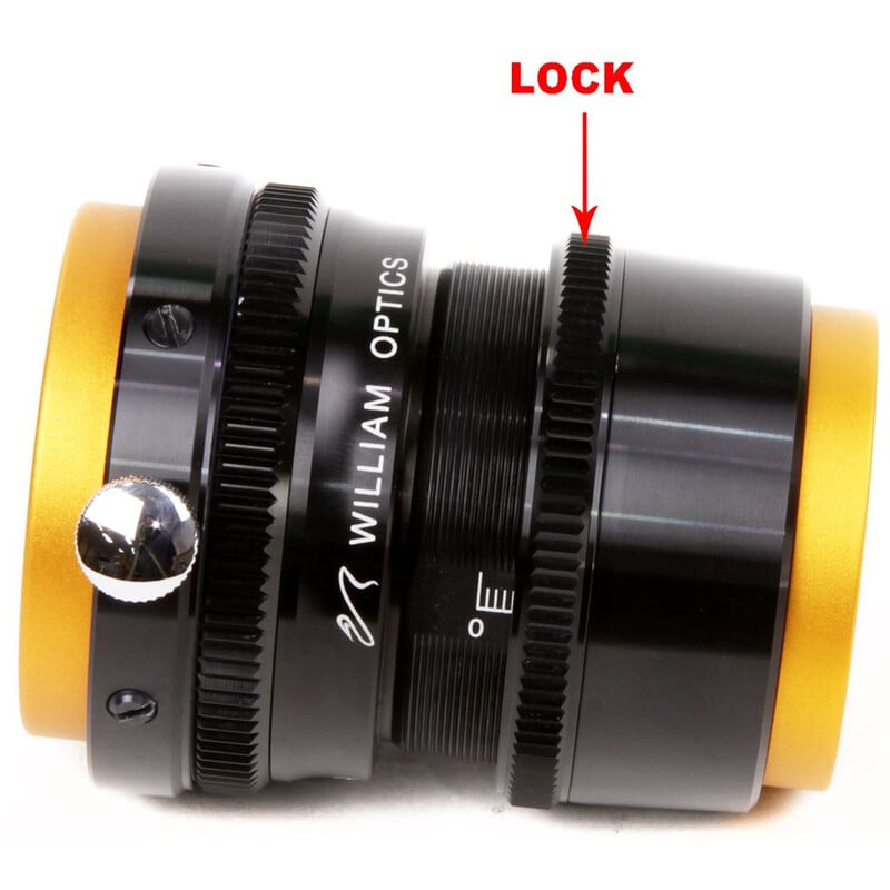 William Optics Flat61R 61 Beeldveldegalisator voor ZenithStar 2 William Optics Flat61R 61 Beeldveldegalisator voor ZenithStar 3 iii. William Optics Flat61R 61 detailopname van de geribbelde borgring voor fijnafstelling