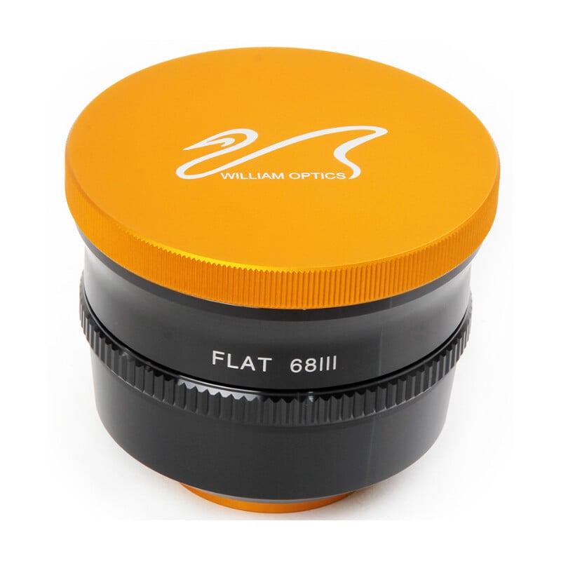 William Optics Flat68III Flattener 1 William Optics Flat68III Flattener 1 William Optics Flat68III flattener bovenaanzicht met gouden dop en inscription