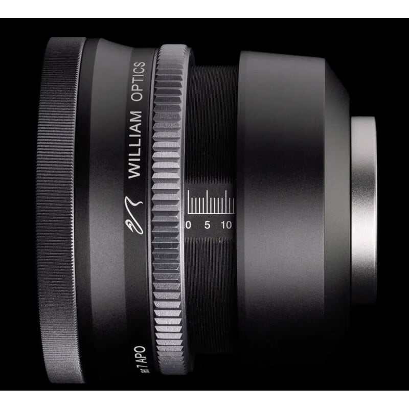 William Optics Flat7A Adjustable Flattener Reducer 2 William Optics Flat7A Adjustable Flattener Reducer 5 William Optics Flat7A flattener zijaanzicht met schaalverdeling voor instelbare afstand