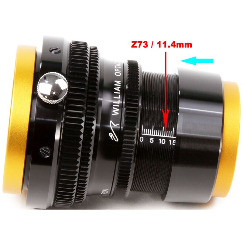 William Optics Flat73A Flattener voor ZenithStar 73 2 William Optics Flattener Flat73A voor ZenithStar 73 2 William Optics Flat73A zijkant met schaalverdeling en ingestelde afstand voor ZenithStar 73