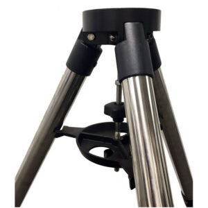 iOptron 1.75 LiteRoc tripod close-up of central mount and accessory holder with steel tripod legs