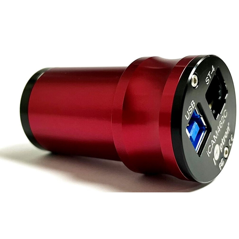 iOptron 462C Camera iCam 1 iOptron 462C Camera iCam iOptron 462C iCam-camera zijaanzicht met USB 3.0 en ST-4 poort in compacte rode aluminium behuizing
