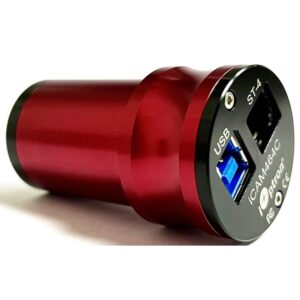 iOptron 464C iCam-camera zijaanzicht met USB 3.0 en ST-4 poort in stevige rode metalen camerabehuizing