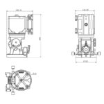 iOptron HAE43C-EC AZ EQ Montering Dual SWG (2) iOptron HAE43C-EC AZ/EQ technische tekening met voor-, zij- en bovenaanzicht en gedetailleerde maatvoering in millimeters