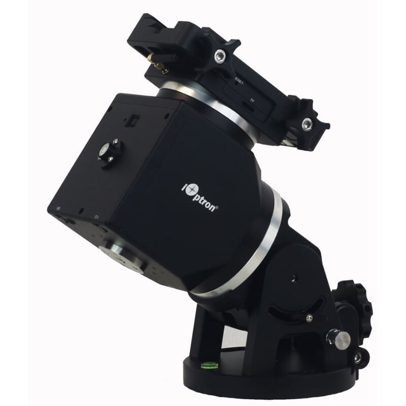 iOptron HAE69 Montering iMate 2 iOptron HAE69 Montering iMate 2 iOptron HAE69 schuin achteraanzicht op montering in opgestelde stand met zicht op merknaam en motoras