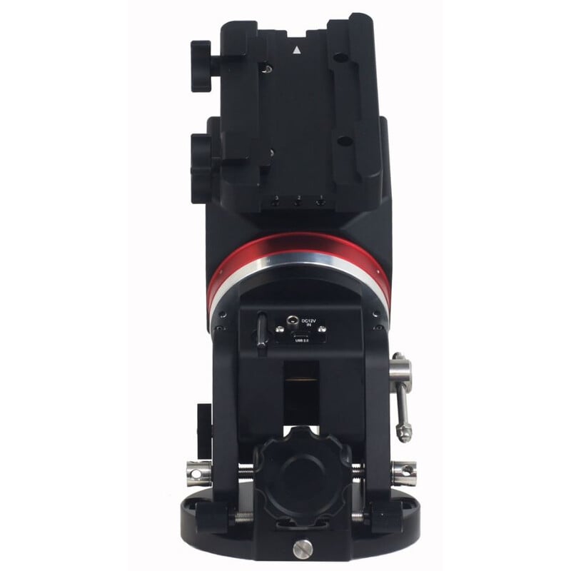 iOptron HAE69EC Montering iMate met Handset 2 iOptron HAE69EC Montering iMate met Handset 2 iOptron HAE69EC vooraanzicht met centrale bevestigingsbasis en rode encoderlijn gemonteerd op hoofdbehuizing