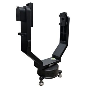 iOptron HAZ130 robuuste vorkmontering met zwarte CNC-afwerking en zichtbare waterpas op basisplaat