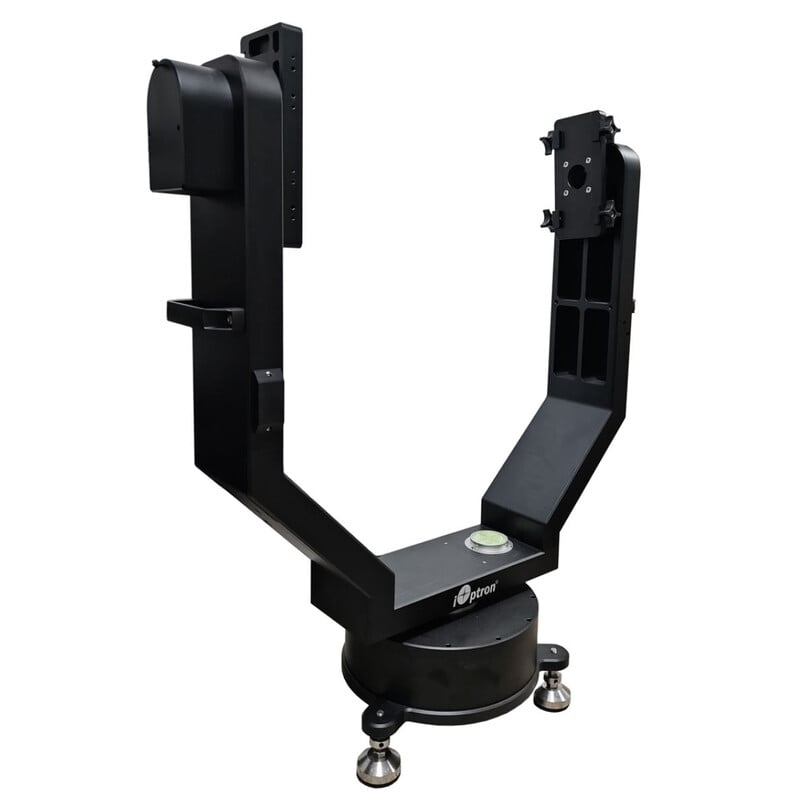 iOptron HAZ130 Montering Strain Wave Alt-AZ 1 iOptron HAZ130 Montering Strain Wave Alt AZ 1 iOptron HAZ130 robuuste vorkmontering met zwarte CNC-afwerking en zichtbare waterpas op basisplaat