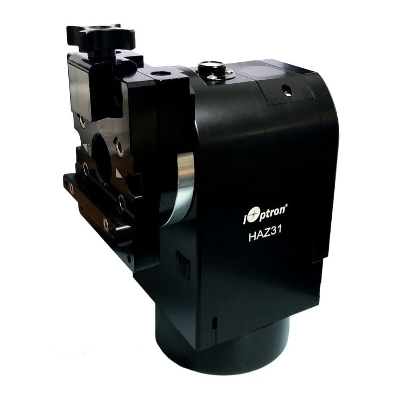 iOptron HAZ31 ALT-AZ Montering Strain Wave 1 iOptron HAZ31 ALT AZ Montering Strain Wave 1 iOptron HAZ31 ALT-AZ zijaanzicht van compacte montering met handgreep- en zadelstructuur