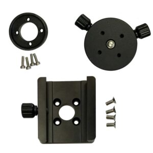 iOptron SkyGuider Pro Kit onderdelenweergave met zwaluwstaartklem, grondplaat, adapters en schroeven