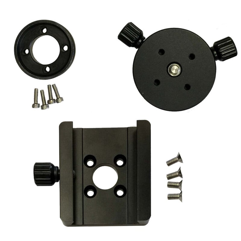 iOptron SkyGuider Pro Kit 1 iOptron SkyGuider Pro Kit 1 iOptron SkyGuider Pro Kit onderdelenweergave met zwaluwstaartklem, grondplaat, adapters en schroeven