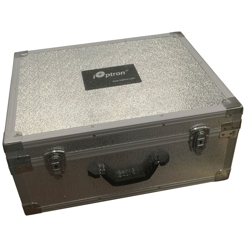 iOptron CEM70 Transportkoffers Hard Case 1 iOptron Transportkoffers CEM70 Hard Case iOptron CEM70 aluminium transportkoffer gesloten weergave met handvat en vergrendelingen voor veilige opslag van de montering
