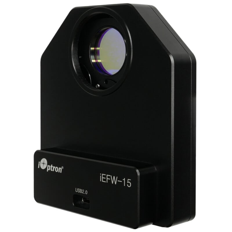 iOptron iEFW Filterwiel 5x 1,25" 1 iOptron iEFW Filterwiel 5x 125 1 iOptron iEFW gemotoriseerd filterwiel in zijaanzicht met zichtbaar openingsvenster