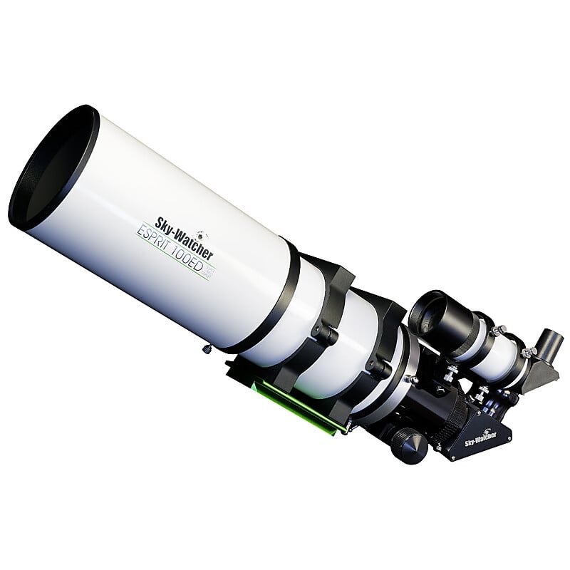 Skywatcher AP 100/550 ESPRIT-100ED Apochromatische Refractor Professional OTA 1 Skywatcher AP 100 550 ESPRIT 100ED Apochromatische Refractor Professional OTA 2 Skywatcher AP 100/550 ESPRIT-100ED apochromatische refractor OTA diagonaal zijaanzicht met dauwkap, focuser en zwaluwstaart.