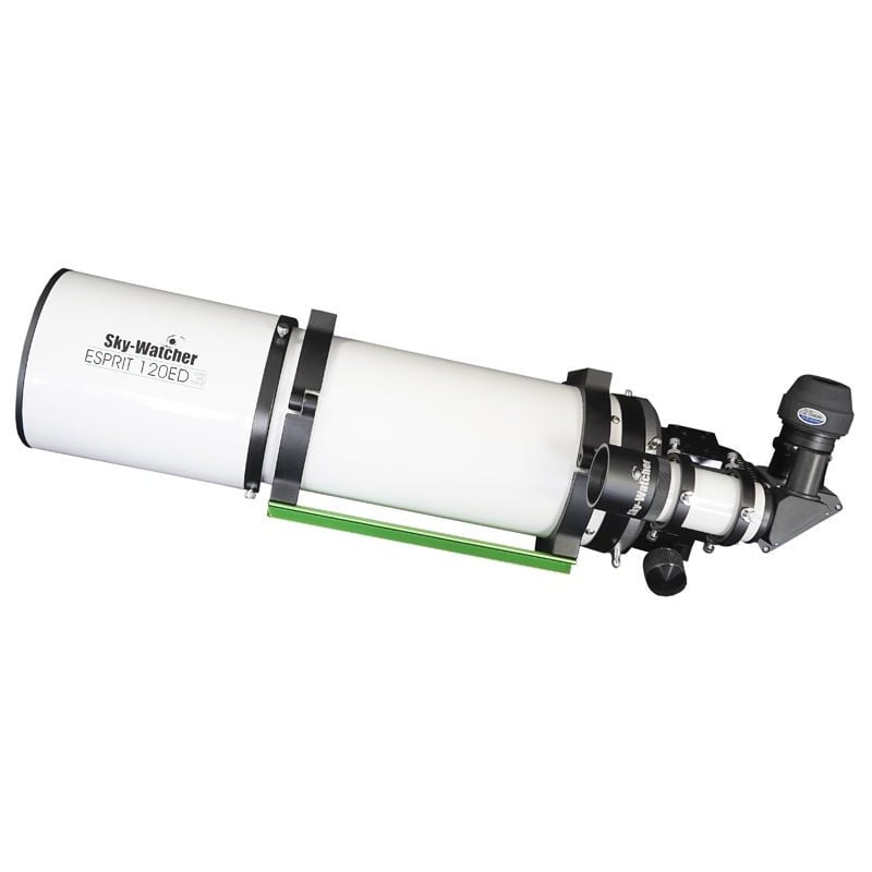 Skywatcher AP 120/840 ESPRIT-120ED Apochromatische Refractor Professional OTA 1 Skywatcher AP 120 840 ESPRIT 120ED Apochromatische Refractor Professional OTA 2 Skywatcher AP 120/840 ESPRIT-120ED apochromatische refractor zijaanzicht met uitgeschoven dauwkap en 3 inch focuser.